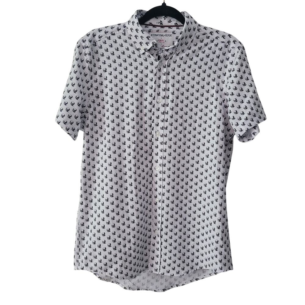 International Report Size S 4-Way Stretch‎ Skull Print Button Up Shirt White